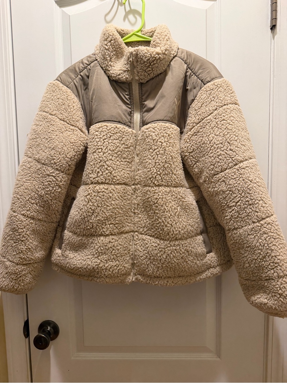 PLAYBOY Cream Sherpa Puffer Jacket with Quilted Shoulder Panels